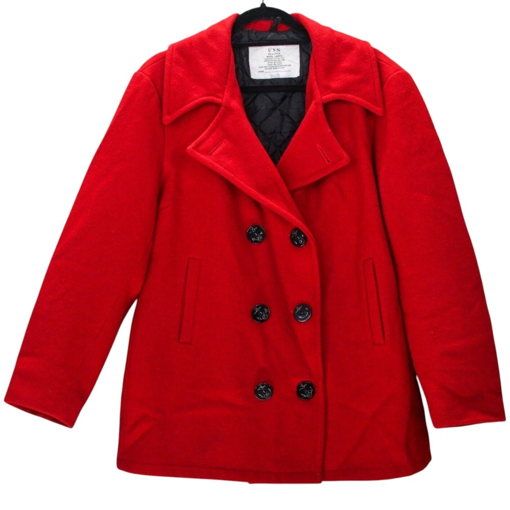 Vintage USN Wool Pea Coat Womens Size Large Red Anchor Buttons Military MP752394